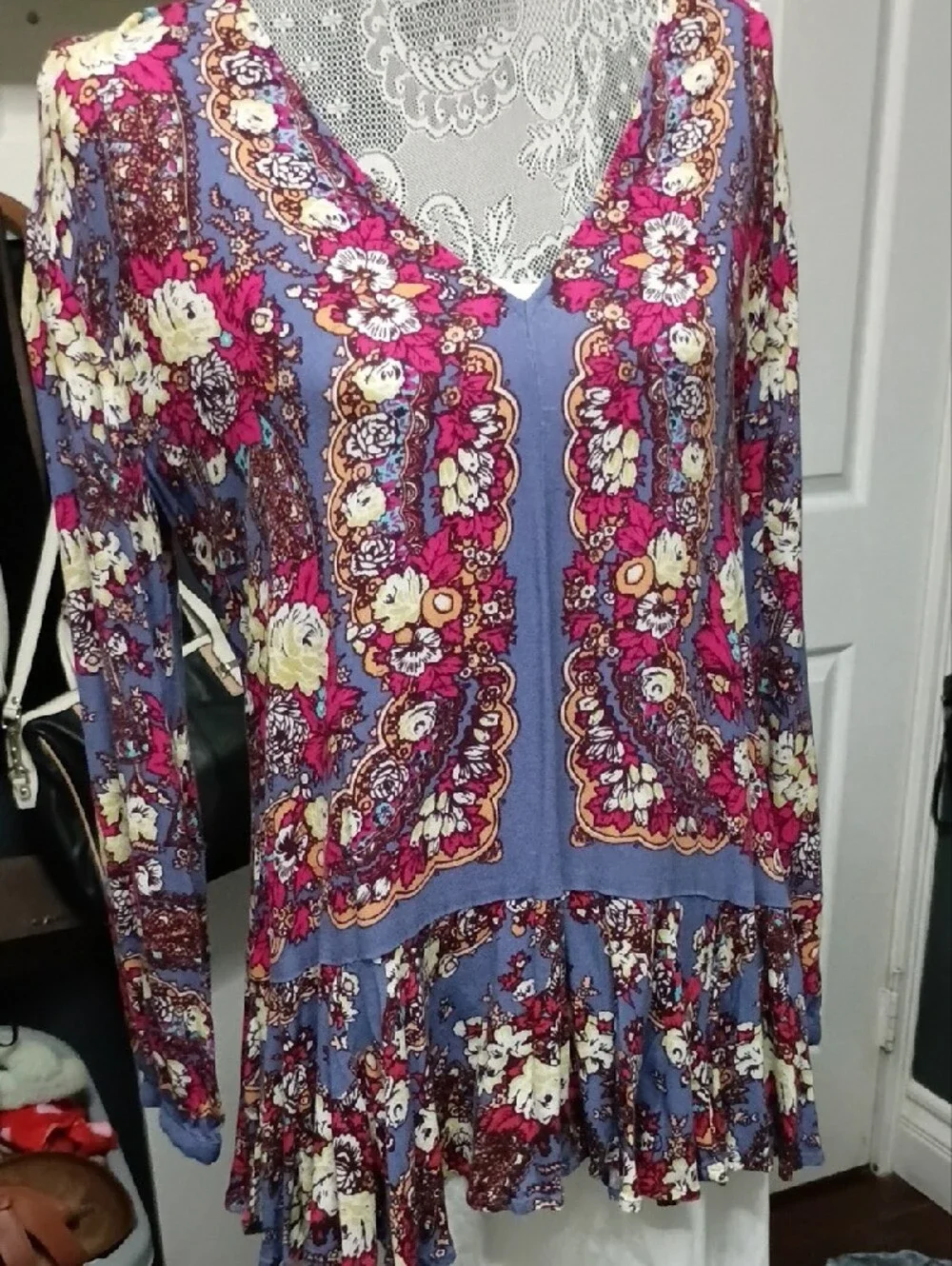 Free People Floral V-Neck Tunic in Blue & Pink